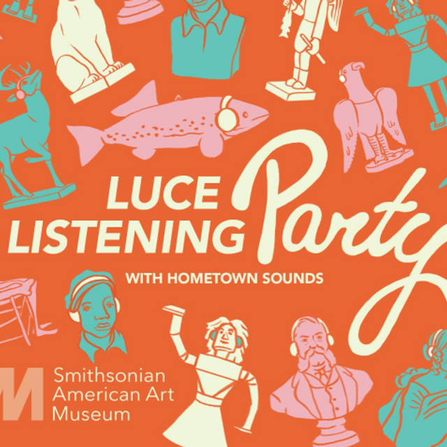 An orange graphic with multi-colored artwork that says Luce Listening Party with Hometown Sounds