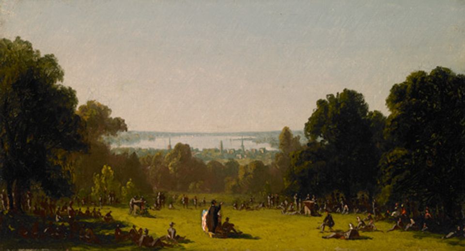 Gifford's oil on canvas of people praying on a grassy area surrounded by trees.
