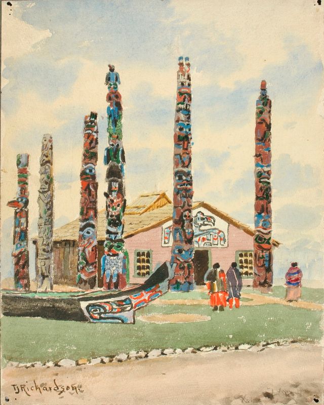 THEODORE J. RICHARDSON. Drying Skins, Sitka. Date: ca. 1880-1914. watercolor  on paper, mounted on colored paper. - Album alb9535547
