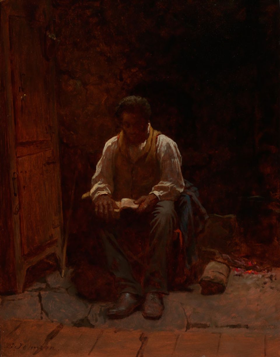 Johnson's oil on wood of a man sitting and reading a good next to a fire inside a dwelling.