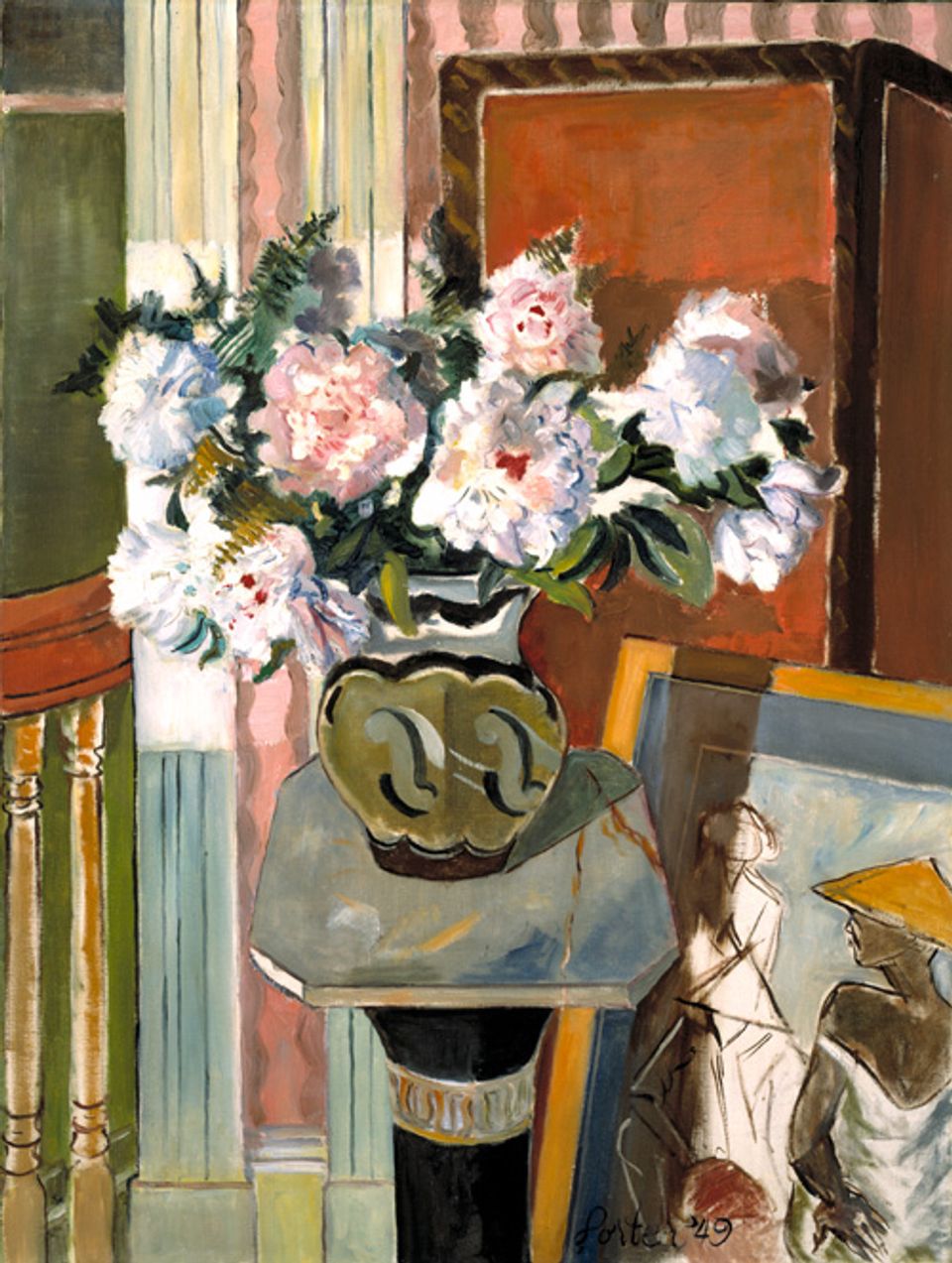 Porter's oil on canvas of a small table with a vase of flowers.