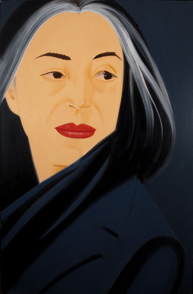 A painting of a woman in red lipstick and black.