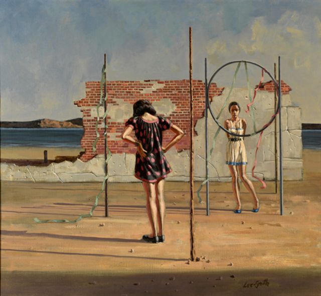 Lee-Smith's oil painting of two girls and one hula hoop.