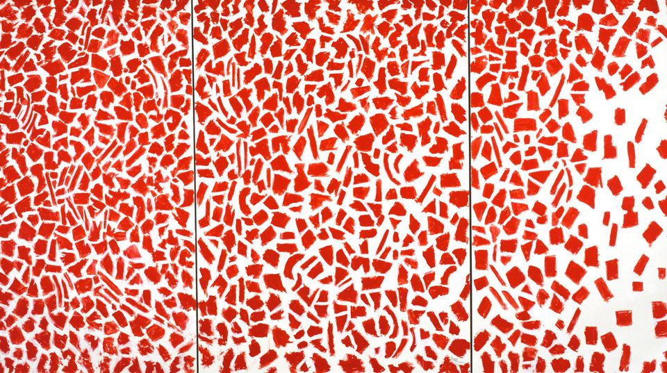 An abstract work in red and white