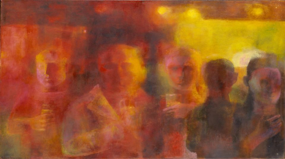 A colorful opaque painting of men at a bar
