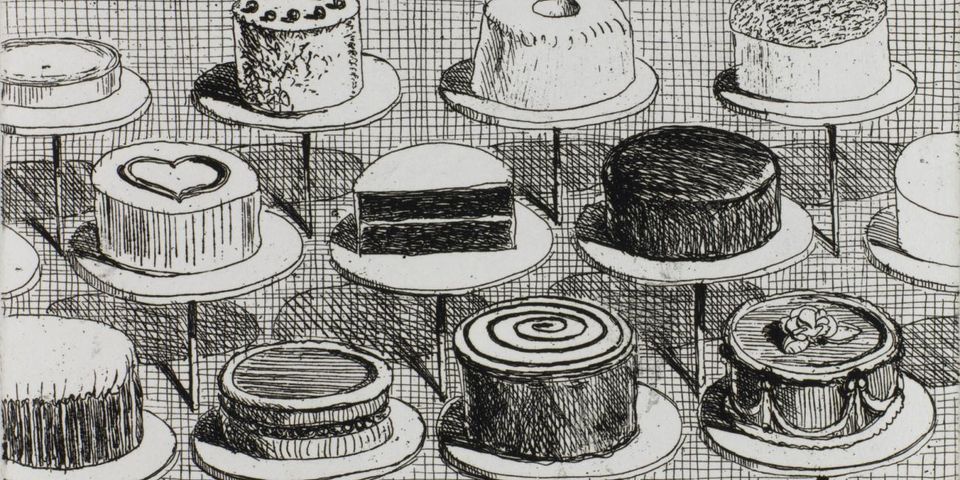 A black and white drawing of cakes by Wayne Thiebaud