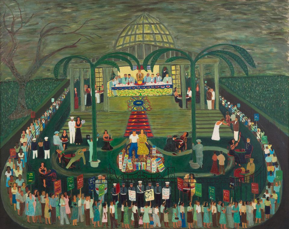 Fasanella's McCarthy Era Garden Party, a painting of a gathering of people around a gated garden party.