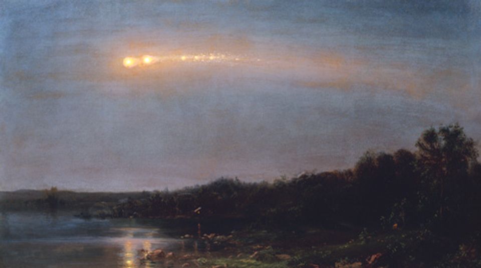 Church's oil on canvas of a meteor in the sky over a wooded area with a body of water. 