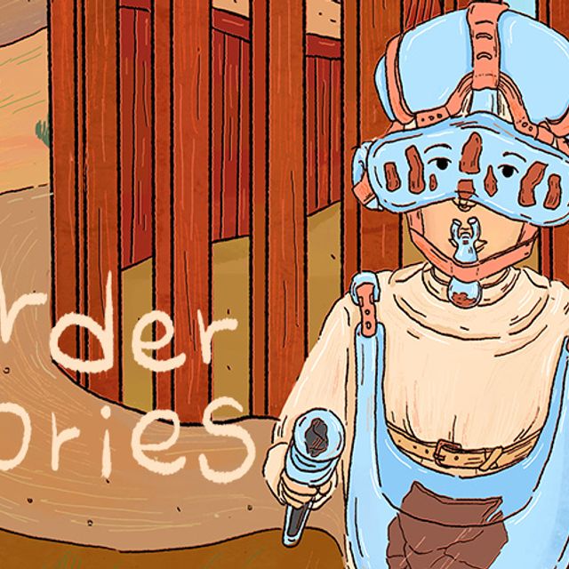 Detail of an illustration showing a person wearing glass art standing in front of a slatted fence. The text says "Border Stories."