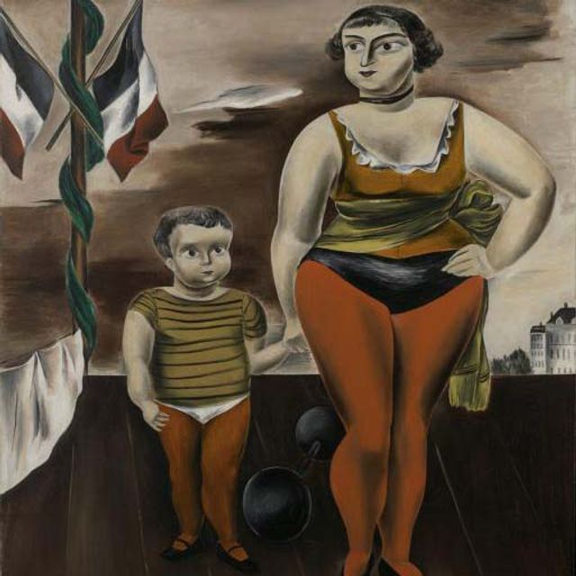 A painting of a woman holding hands with a child.