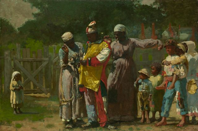 Homer's oil on canvas of women interacting with a man dressed for a carnival.