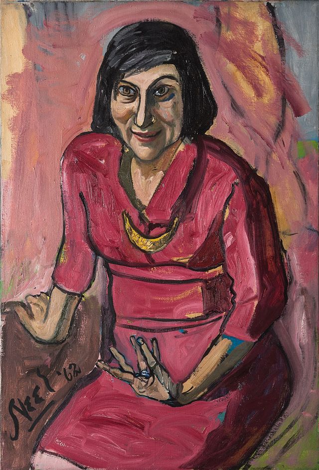 A painting of a woman sitting down in a pink/red dress. 