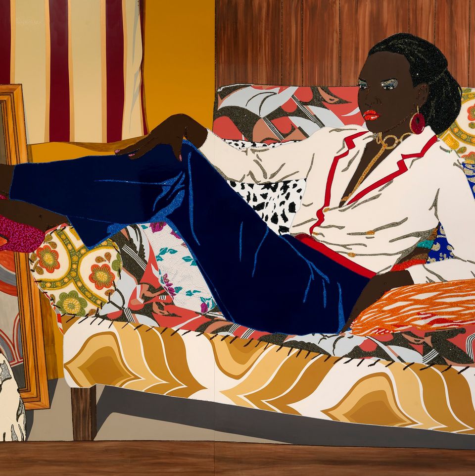A painting of a woman laying on a couch