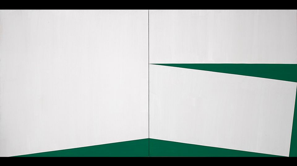 An abstract painting in green and white.