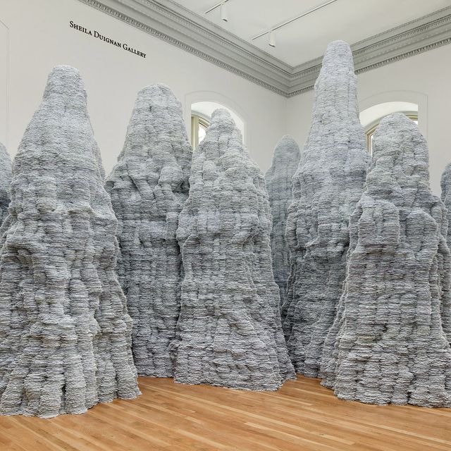 A gallery shot of Tara Donovan's sculpture built of paper. 