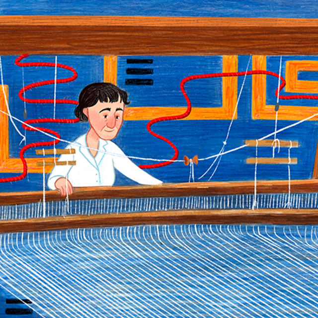 An illustration of an artist weaving at a loom with a vivid blue background with winding orange lines.
