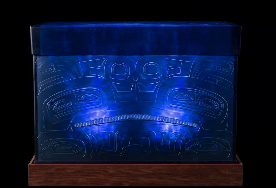 Blue carved glass box