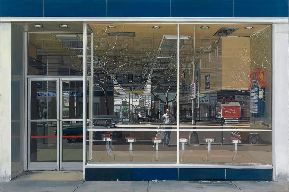 Estes' Double Self-Portrait, a painting of a building with a reflection of the street off of the glass of the building. 