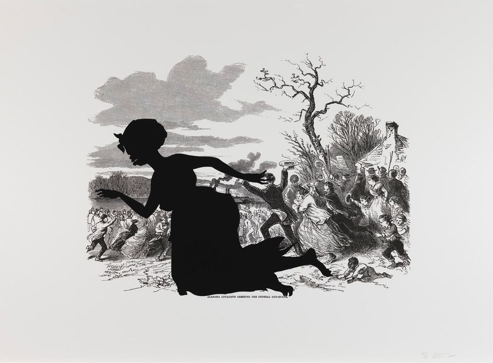 Kara Walker's work of a civil war scene and a black silhouette of a woman in front.