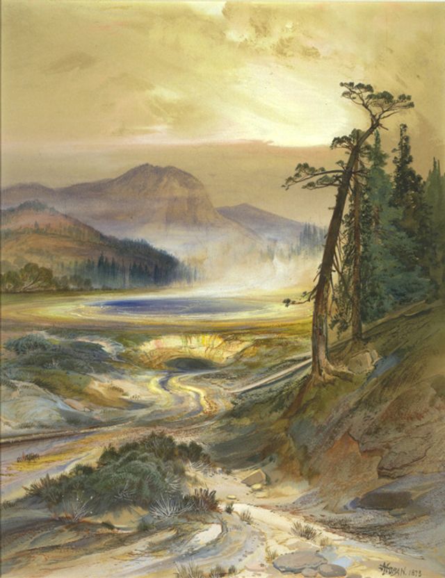 Moran's watercolor and pencil of the excelsior geyser in Yellowstone National Park.