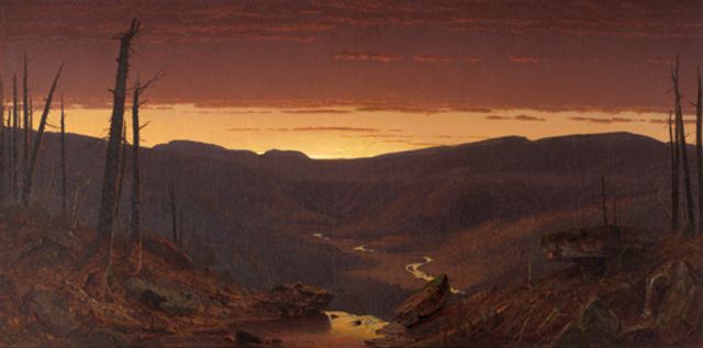 Gifford's oil on canvas of the sun setting in the catskills with trees in the foreground, the valley in the middle ground and the sunset over the mountains in the background. 