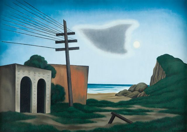 Ault's oil on canvas of a landscape with buildings to the left and a telephone poll in the middle and a rock formation towards the right.
