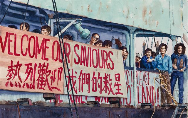 A painting of people standing up next to a sign that says "welcome our saviours"