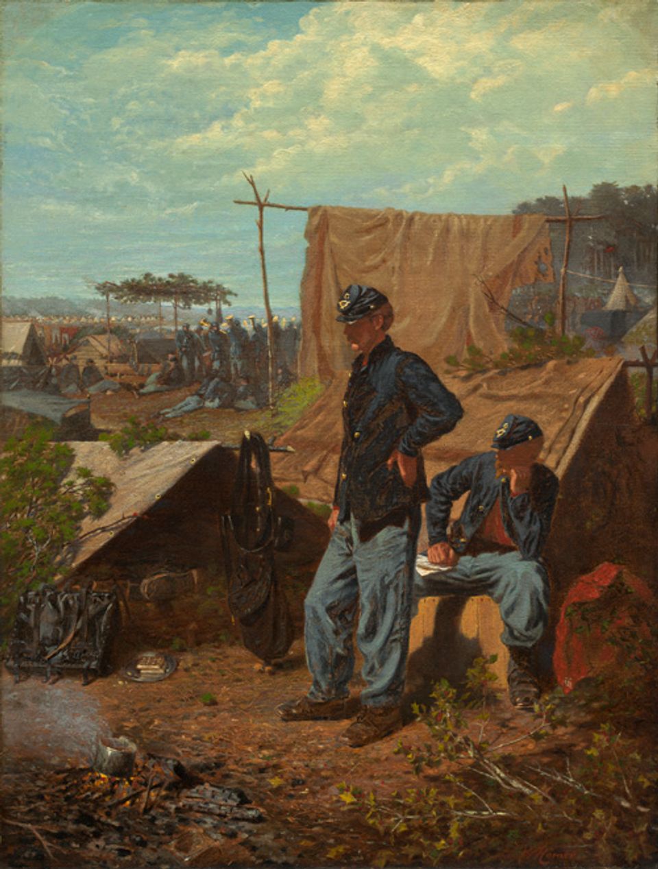 Homer's oil on canvas of two soldier in the foreground, the tents in the middle ground, and the surrounding camp in the background.