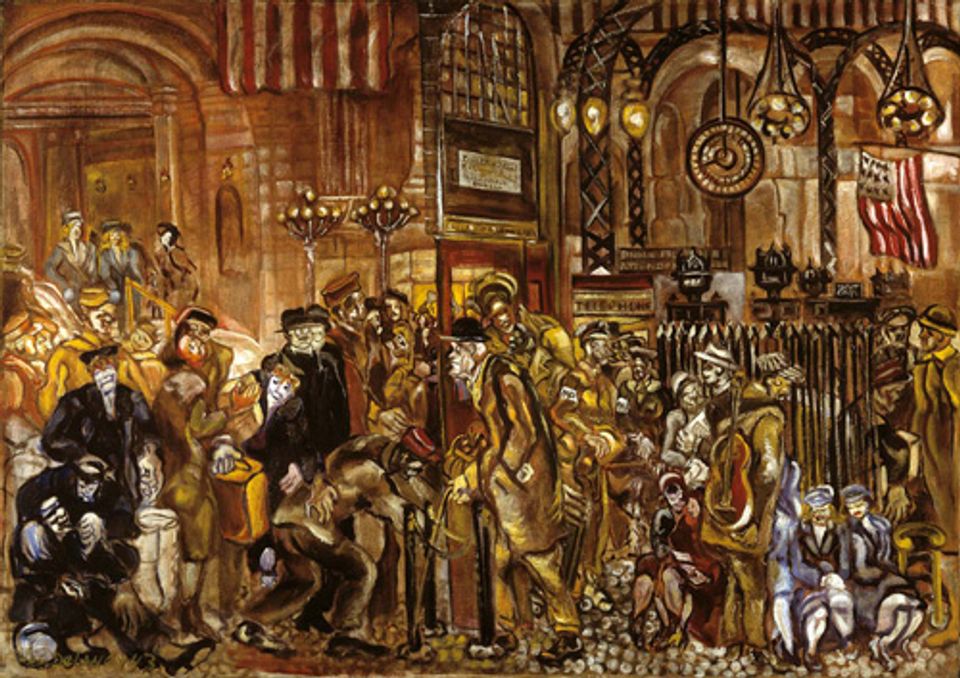 Delaney's oil painting of figures inside a train station.