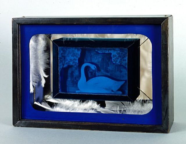 A blue box with a box inside with a swan and feathers. 