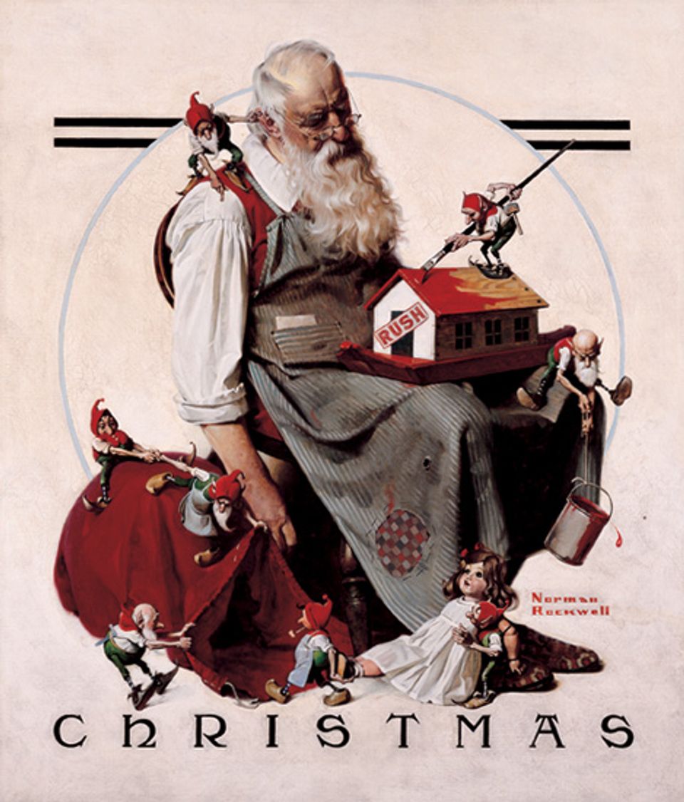 Rockwell's oil on canvas of Santa creating a model house with elves.