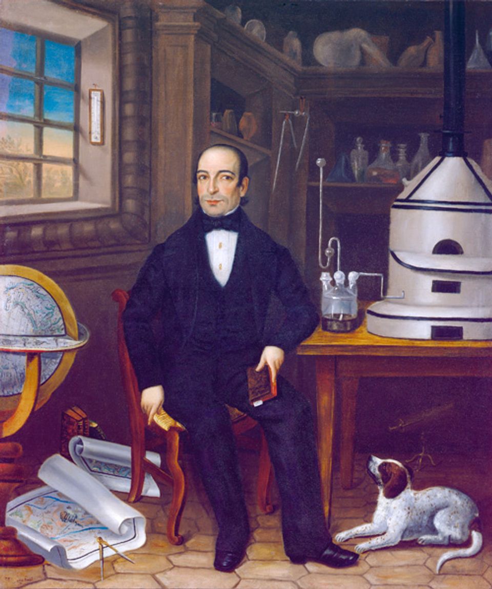 Oil on canvas of a man sitting in an laboratory with his dog.