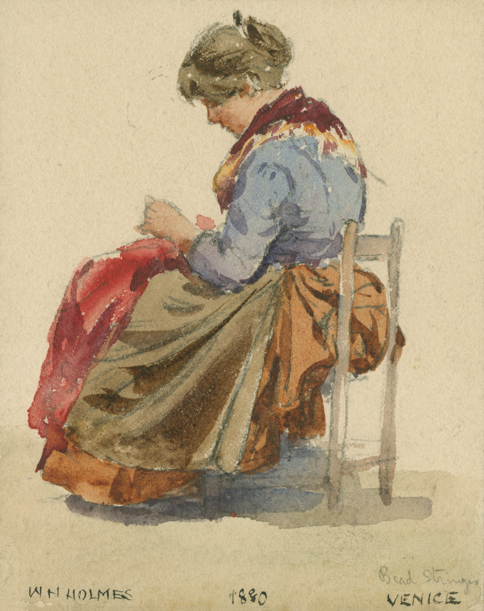 A watercolor of a woman wearing a long dress and seated in a chair leaning over something she is holding in her hands.