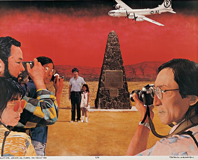 An image of a man and little girl standing in front of a monument. Tourists have cameras pointing at them but are looking away. A plane flies low above the monument.