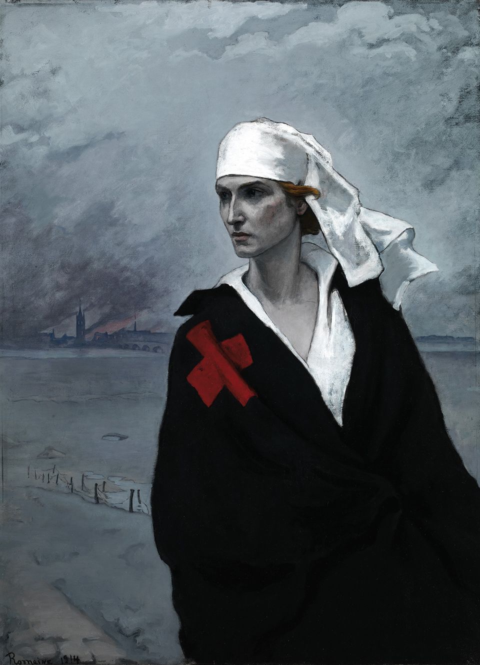 Romaine Brooks' La France Croisée is a painting of a woman in the foreground with a red X over her right shoulder. 