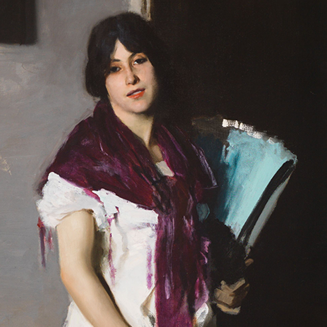 Detail of painting of woman with dark hair holding a blue object