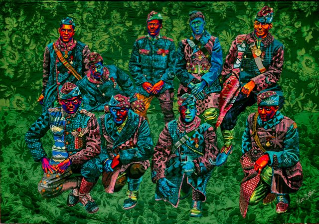 Quilted artwork depicting eight African American soldiers