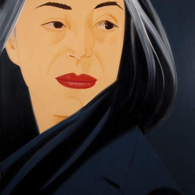 A painting of a woman in red lipstick and black.