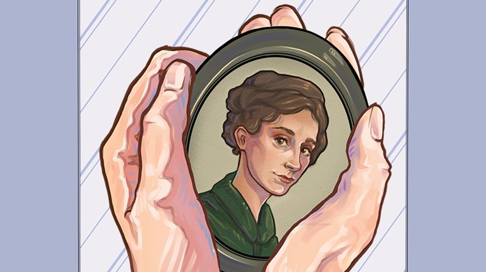 An illustration of two hands holding a miniature portrait of a woman in an oval frame.
