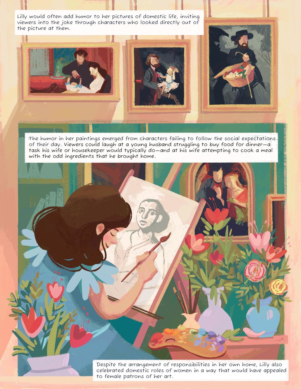 An illustrated rendering of Lilly's domestic paintings above an illustration of Lilly painting at an easel surrounded by flowers, with written description.