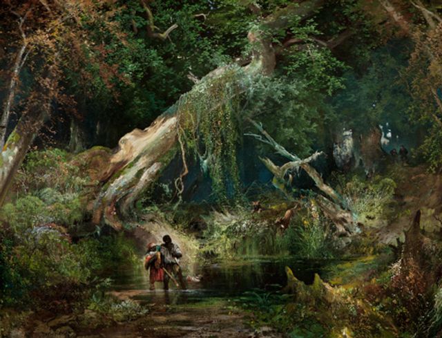 Moran's oil on canvas of a swamp area covered in greenery with trees and two figures crossing the water.
