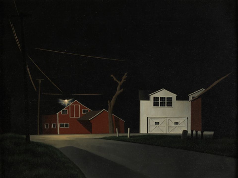 Ault's oil on canvas of a night scene with a white house and red barn.