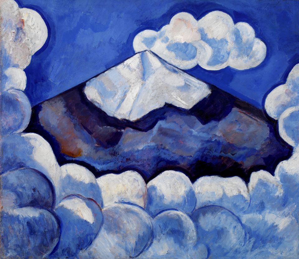 A painting of a mountain in blue tones with clouds surrounding it.