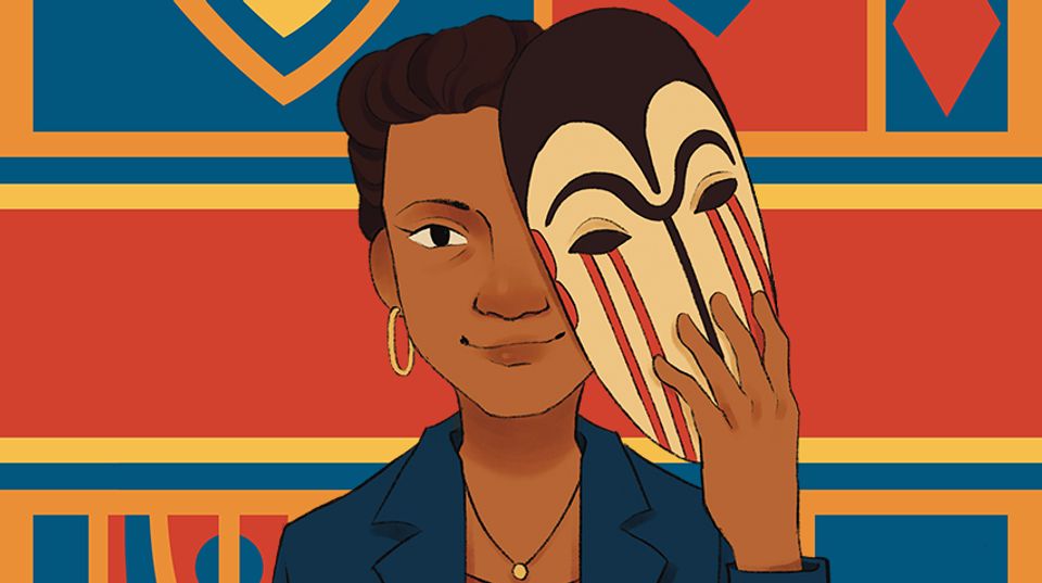 A woman with brown skin and short hair stands holding an African-inspired mask close to her face, covering one eye. In the background are bright, geometric shapes in red, blue, and yellow.