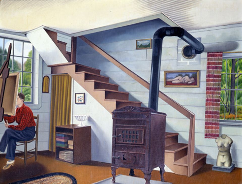 Ault's oil on canvas of an interior scene where he is painting on an easel.
