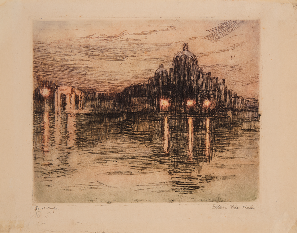 An etching of an evening scene in Venice. A large building is visible across the water in the foreground.