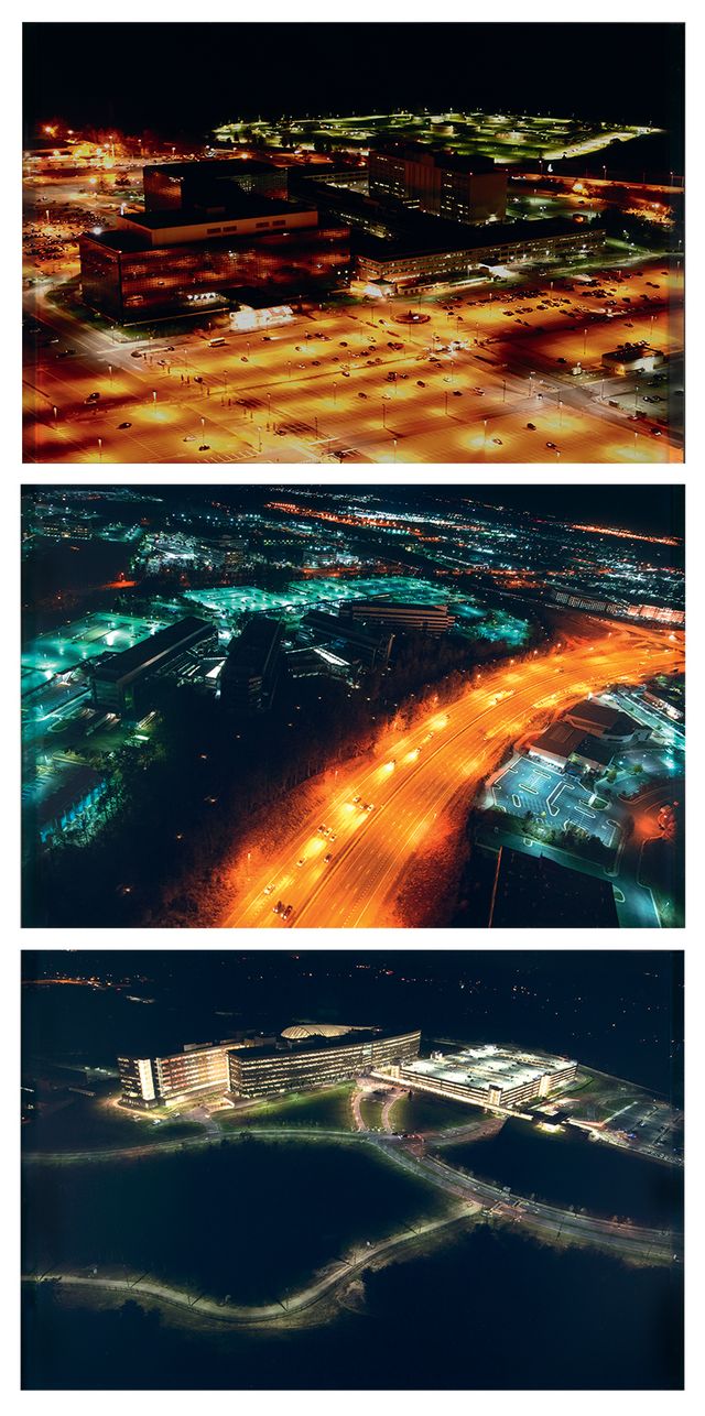 Three photographs depicting the different agencies at night.