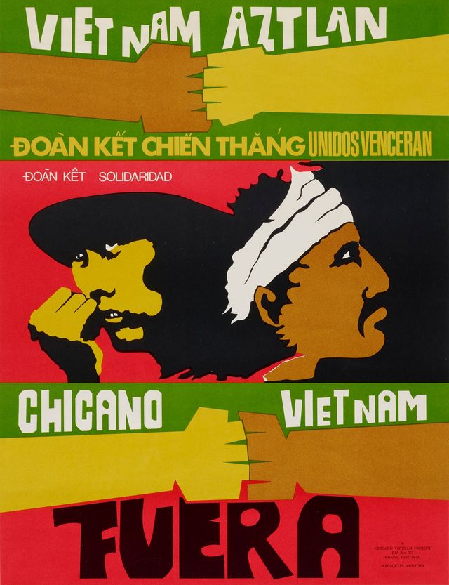 Poster ot two back to back figures and text reading Vietnam Aztlan Chicano Vietnam Fuera on red and green background