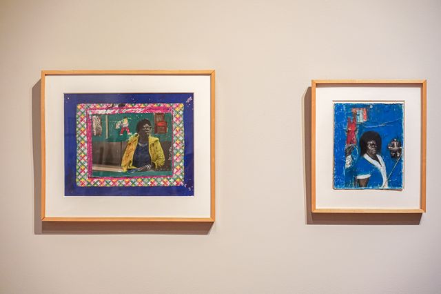 Two vibrant artworks hanging side by side on a gallery wall