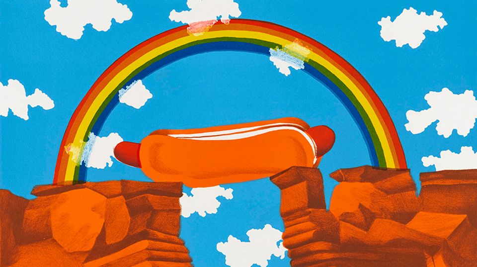 Print of a hot dog bridge under a rainbow.